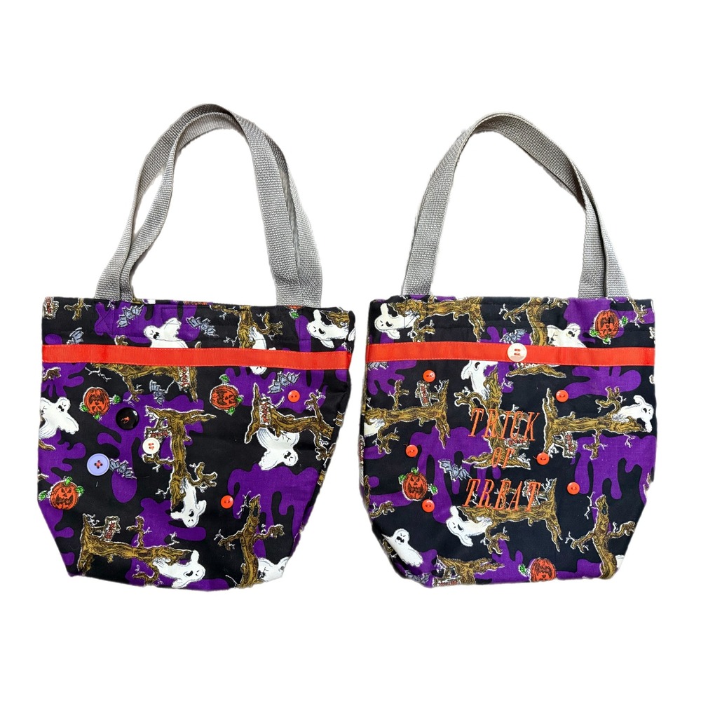 Halloween Trick or Treat Bag‎ Tote Ghosts Pumpkins Purple Spooky (Set of 2)